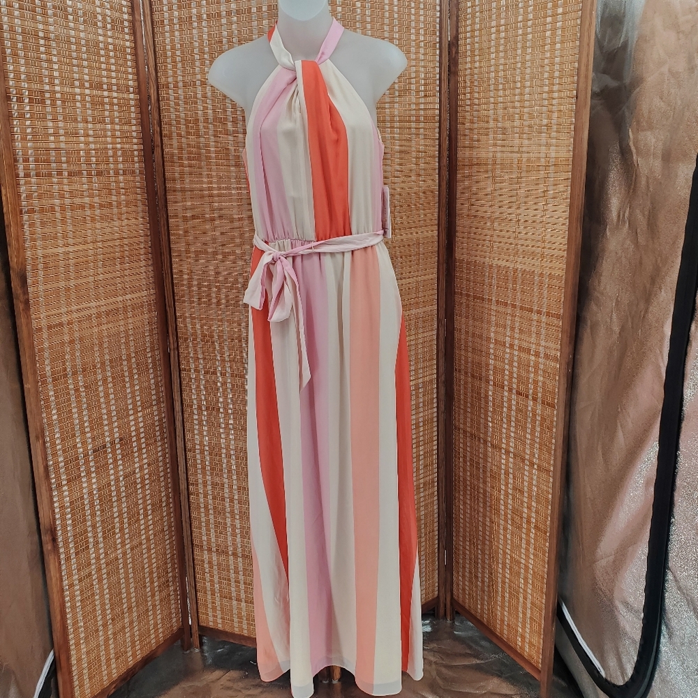 ♡ Julia Jordan Halter Neck Striped Maxi Dress Size 2 NWT Cream Peach Pink